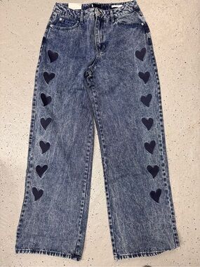 New Women’s Blue Acid-Wash Jeans with Black Heart Side Accents
